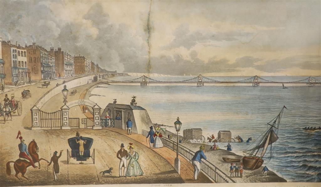 John Bruce, coloured aquatint, Brighton Chain Pier 1832, 23 x 32cm, and a coloured engraving, Steine and Palace, 15 x 21cm